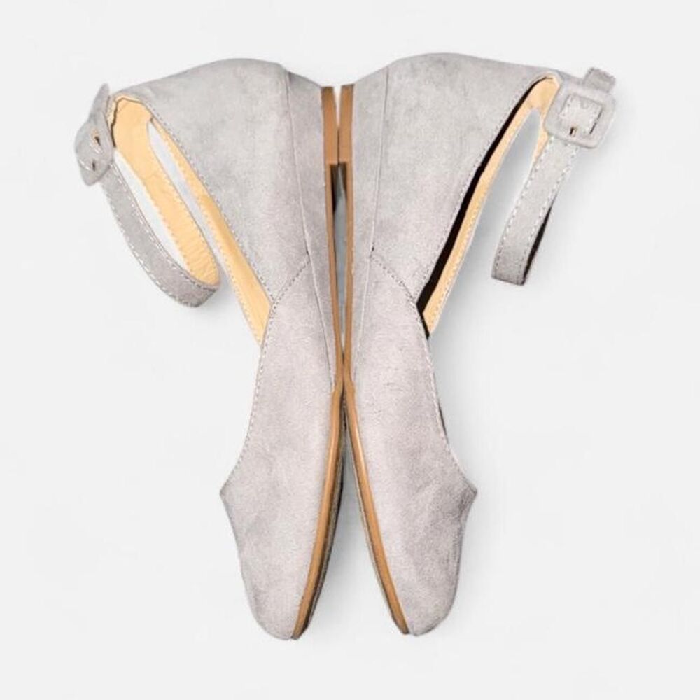 Grey Suede Ballet Flats with Ankle Buckle Strap, Size Women's 6.5 - Picture 3 of 6